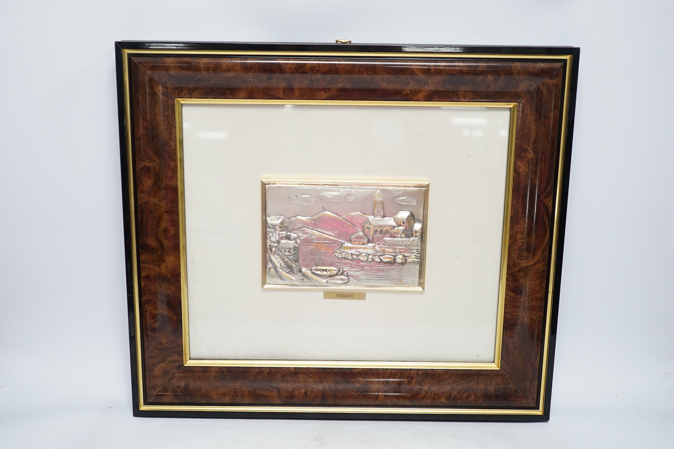 A framed Italian 925 rectangular panel of the Pesaggio landscape in relief, approx. 10.6cm x 15.9cm. Condition - good